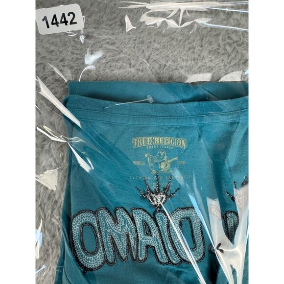 True Religion Womens S Teal Ombre V-Neck Graphic Tee Cotton Casual Style Sequenc - Picture 11 of 11
